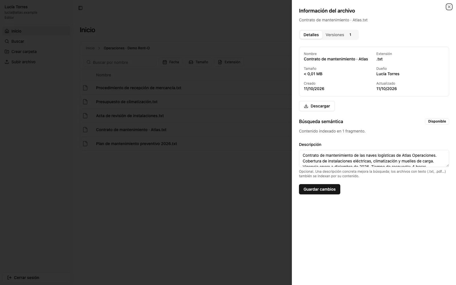 Detalle de un documento de GAV con descripción y estado de indexación